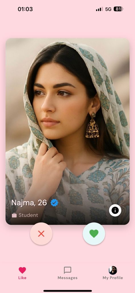 A profile screen on the AfghanLove dating app showing a young woman's photo with like and pass buttons.