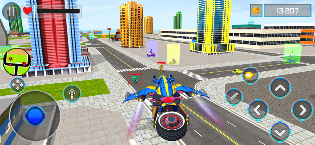 Robot Car Battle - Robot Games - A blue and yellow flying robot vehicle soaring through a 3D city environment in Robot Car Battle
