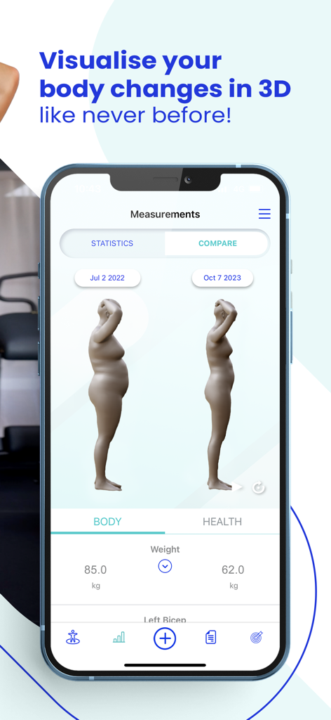 Bodymapp - At home body scans - A side by side 3D avatar comparison showing body transformation in the Bodymapp app