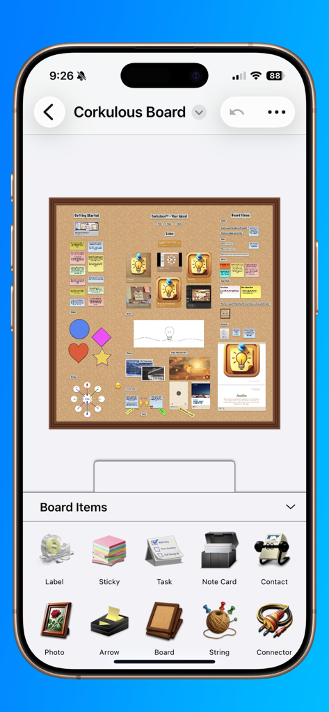 Corkulous - Your Ideas - iPhone screen showing the Corkulous app with a digital corkboard and organizational icons