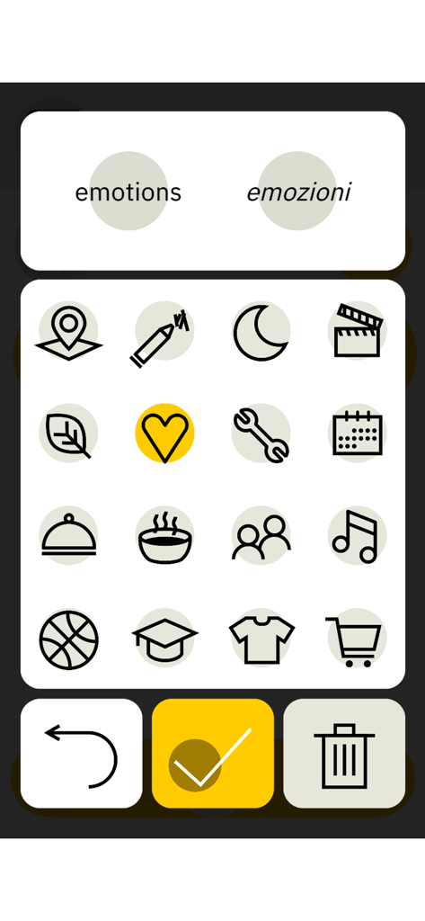 Calepino - User interface of the Calepino app showing category icons for creating a visual dictionary