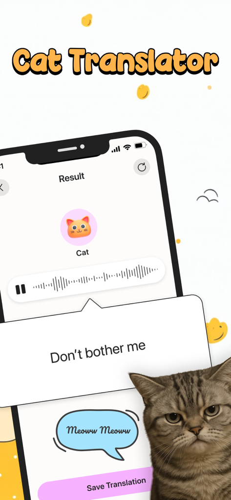 Cat Translator: Human to Cat. - Interfaccia dell'app Cat Translator che mostra un miagolio tradotto in Non disturbarmi