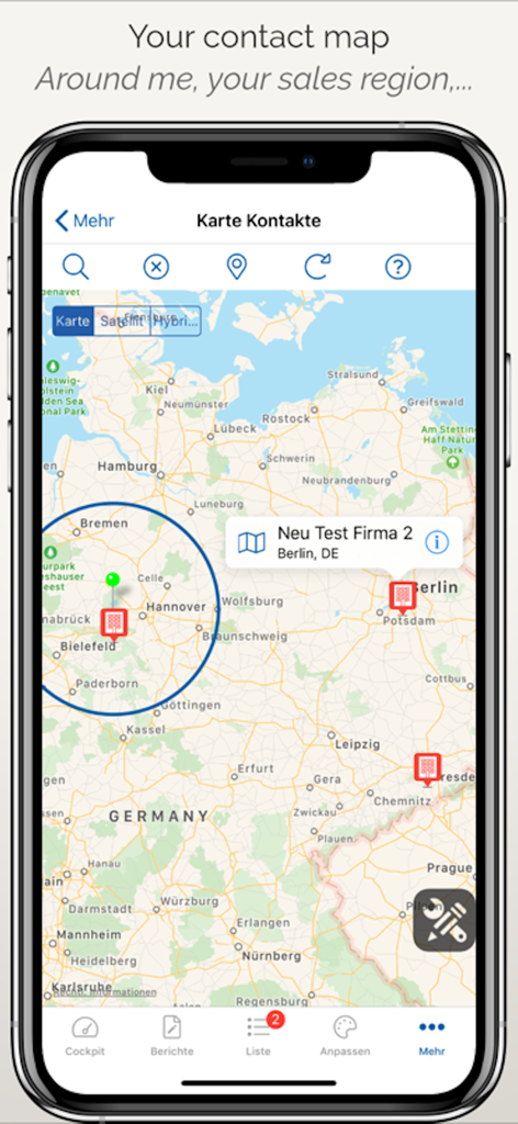 iReport Business - iReport Businessの連絡先マップを表示するスマートフォン画面。ドイツの顧客の場所とセールス地域が表示されています。