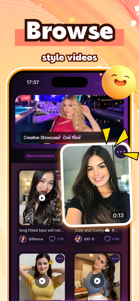 Lumix - Video & Chat - Pantalla de navegación de la aplicación Lumix que muestra una cuadrícula de videos cortos y showcases creativos en vivo de varios creadores