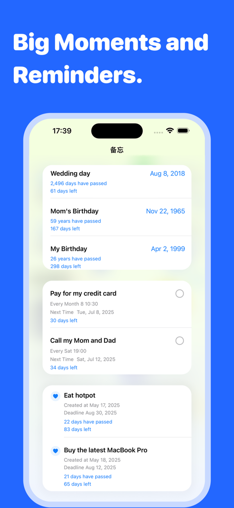 Mindkit-keep things organized - Interfaz de la aplicación Mindkit que muestra recordatorios de momentos importantes y cuentas regresivas de tareas.