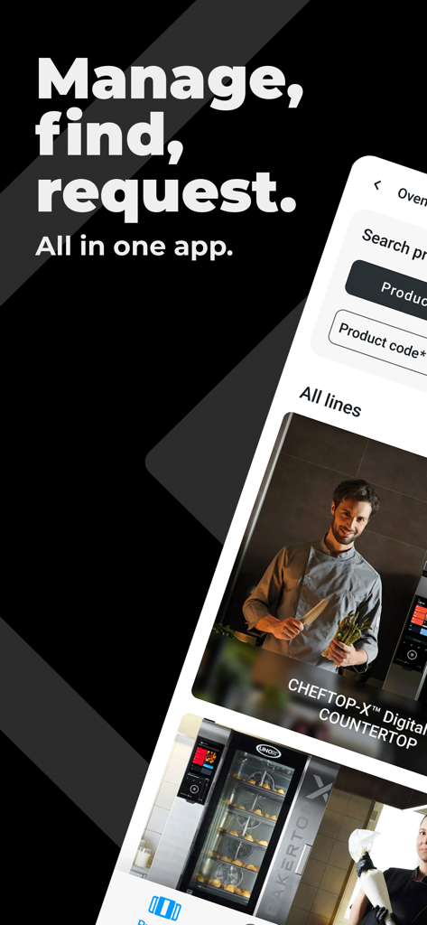 Unox Partner Hub - Interfaz de la aplicación Unox Partner Hub que muestra líneas de productos para hornos comerciales con el lema Gestiona, encuentra, solicita