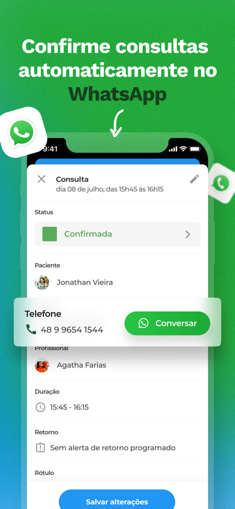 Simples Dental - Agenda Odonto - Pantalla móvil de la aplicación Simples Dental mostrando detalles de citas dentales y la función de confirmación por WhatsApp.