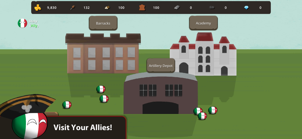 Countryballs at War - Gameplay screenshot showing an ally Italy base with barracks academy and artillery depot buildings