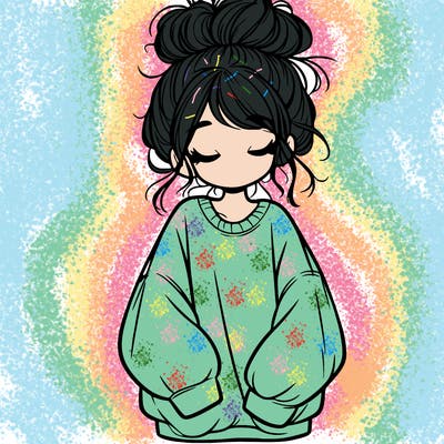 girl with baggy sweatshirt and messy bun