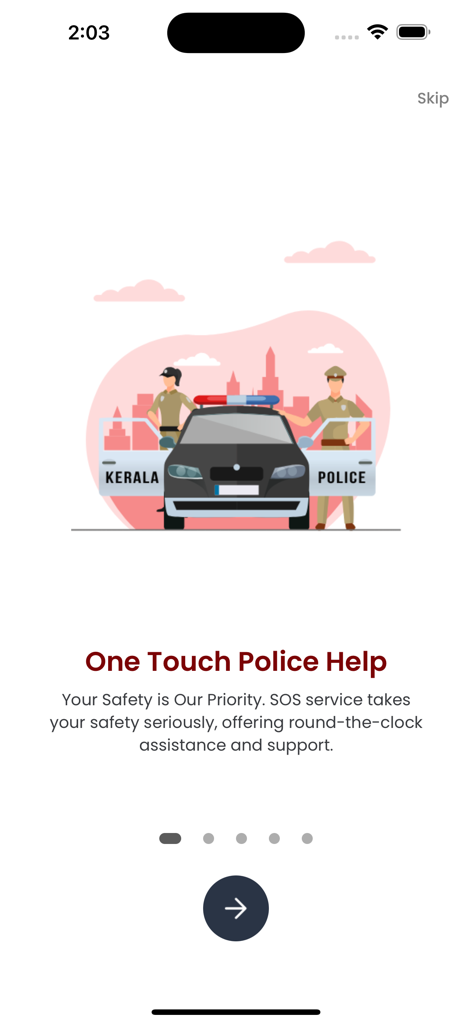 Pol-App(Kerala Police) - Pol-App onboarding screen showing One Touch Police Help and SOS service information with a Kerala Police car illustration