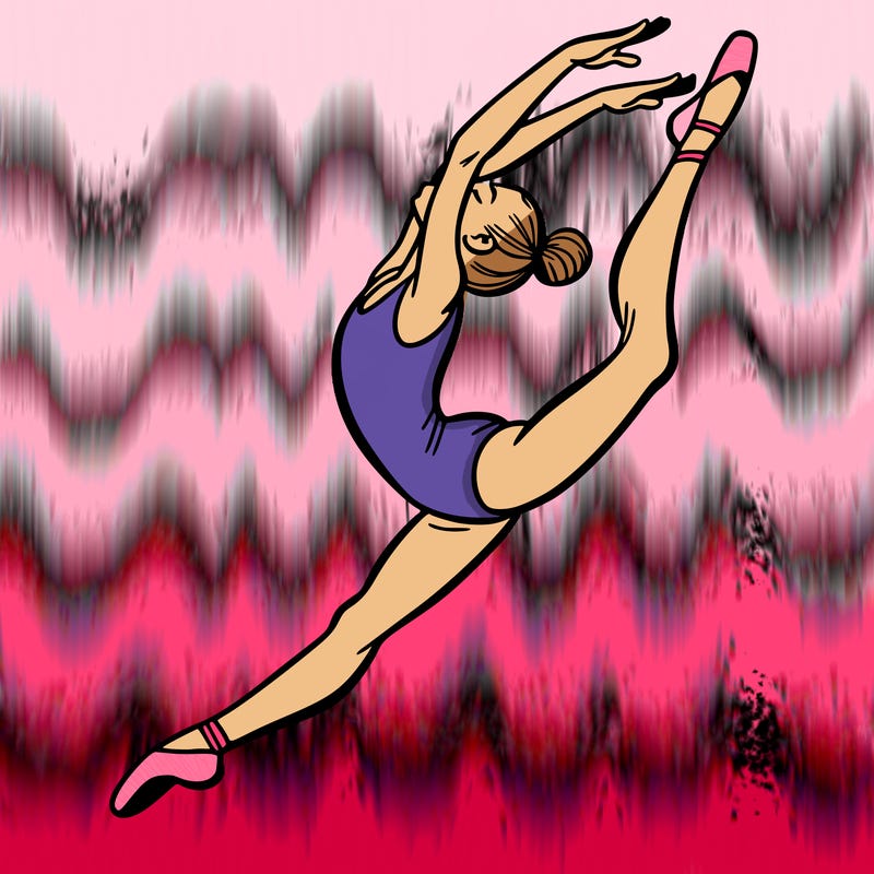 gymnast doing a leap in a leotard with a bent back leg