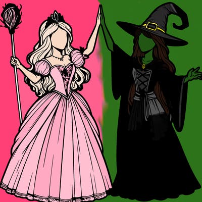 detailed realistic split of a princess and a witch
