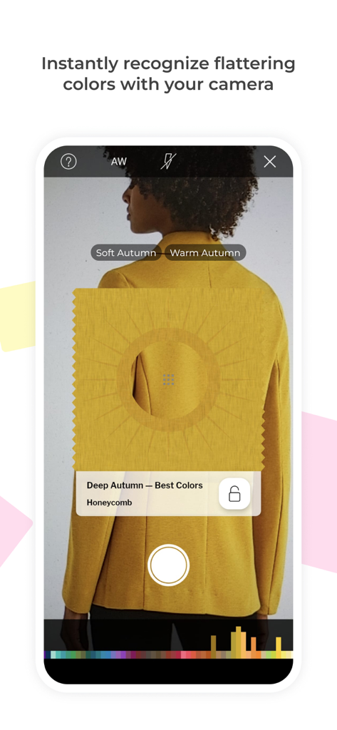 A person using the My Best Colors app camera to identify flattering shades on a yellow jacket.