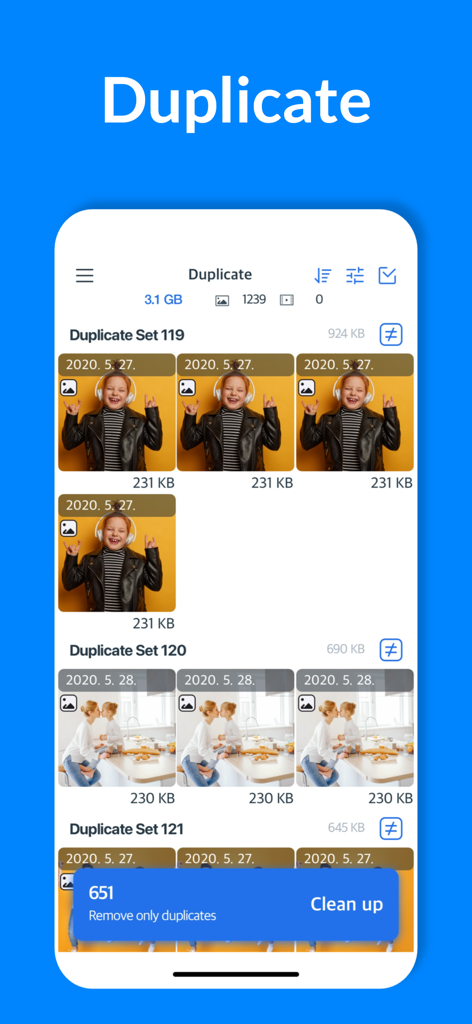 Cleansmith: Photo Cleaner - Captura de tela do aplicativo Cleansmith mostrando conjuntos de fotos duplicadas e um botão azul de limpeza para remover 651 arquivos.