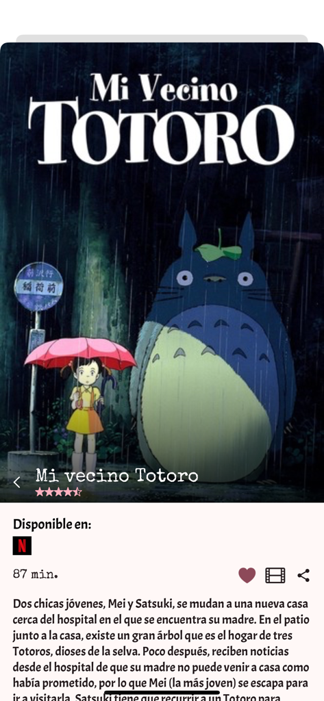 Pelis del Día - Pantalla de la aplicación Pelis del Dia mostrando detalles de la película y disponibilidad en Netflix para Mi Vecino Totoro