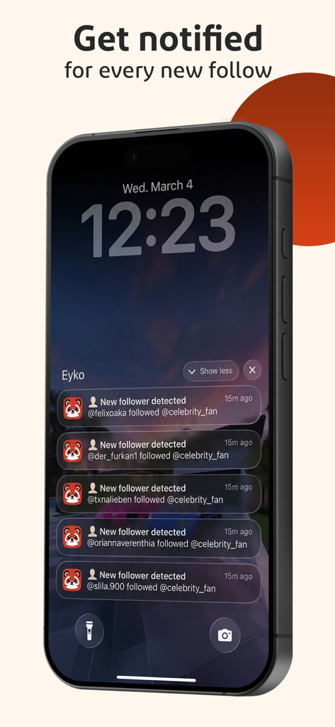 Eyko: Recent Follow Tracker - Pantalla de bloqueo del iPhone que muestra múltiples notificaciones de nuevos seguidores de la aplicación Eyko.