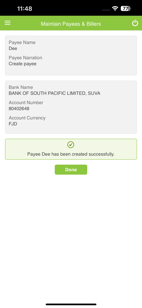 BSP Fiji Mobile Banking - Successful payee creation screen in the BSP Fiji Mobile Banking app