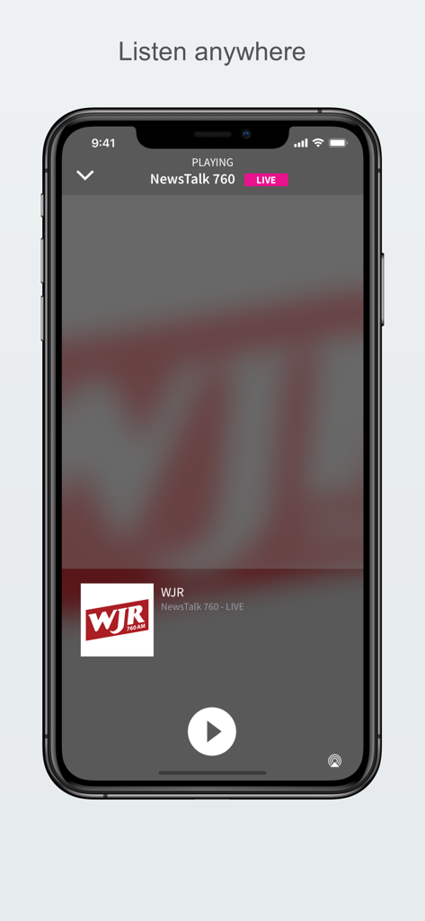WJR NewsTalk 760 radio live streaming screen on an iPhone