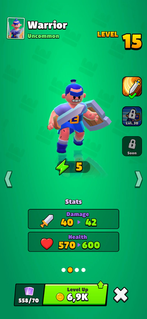 Level 15 Warrior character screen in Draw Arena showing damage and health stats for an upgrade