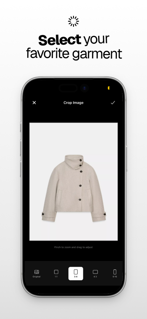 Style4u - Style4u app interface showing the selection and cropping of a beige jacket for virtual try-on