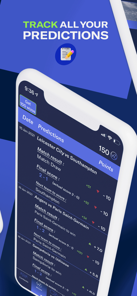 Football Wizard. Predict & Win - Interface do aplicativo Football Wizard exibindo um histórico de previsões de partidas de futebol e pontos.