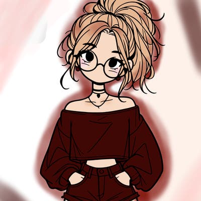 girl with a messy ponytail glasses a baggy crop top and jean shorts