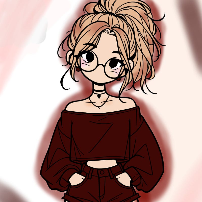 girl with a messy ponytail glasses a baggy crop top and jean shorts