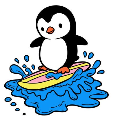 a penguin surfing on a melted ice