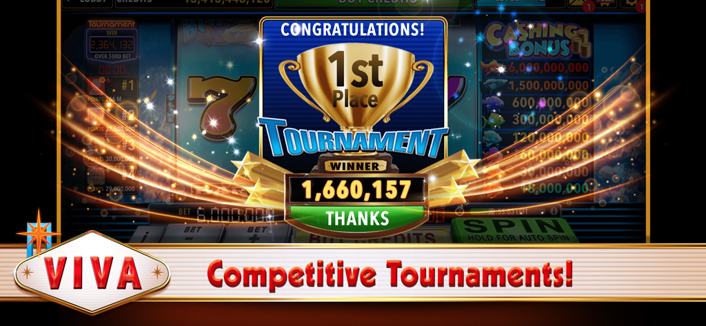 Écran du vainqueur du tournoi à la première place avec un trophée d'or dans Viva Slots Vegas.