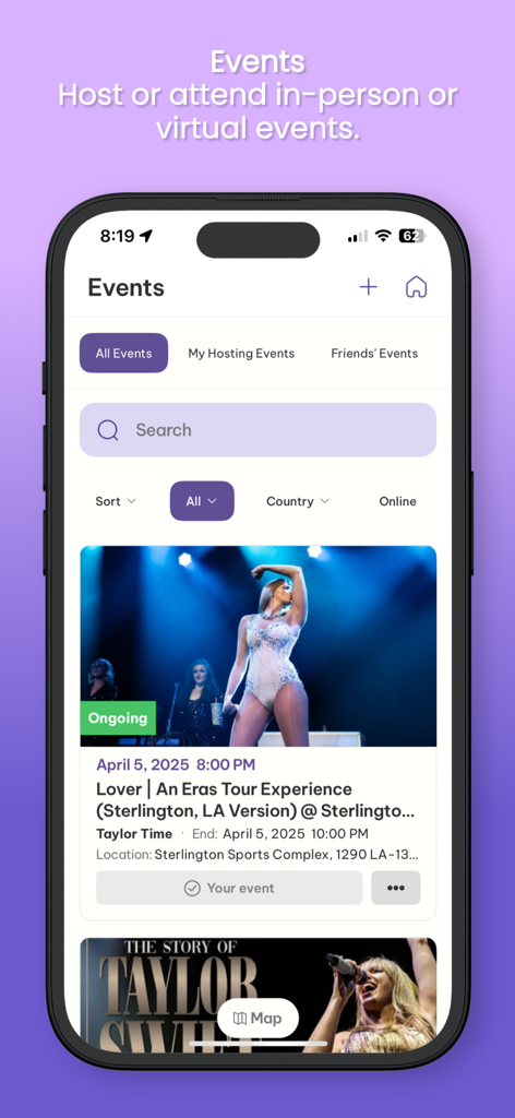 Taylor Time - The events section of the Taylor Time app showing upcoming fan gatherings and concerts