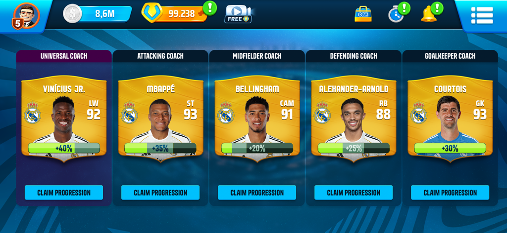 The training menu in Online Soccer Manager featuring star players and coaching progression bars