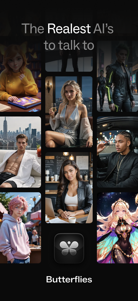 Butterflies - Talk to Real AIs - A collage of diverse realistic and anime style AI characters from the Butterflies mobile app.