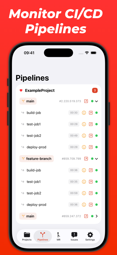 Glance for Gitlab - Interface of Glance for GitLab app displaying the status of various CI/CD pipeline jobs and branches.