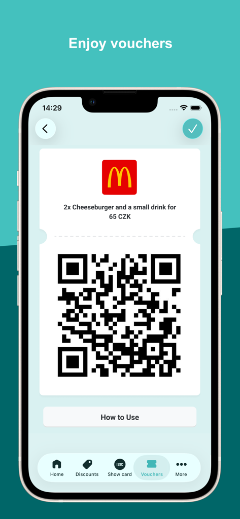 Un cupón de descuento digital para estudiantes para McDonald's con un código QR en la app ISIC
