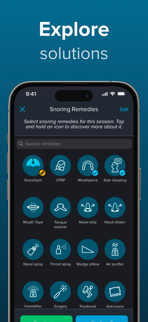 SnoreLab app interface displaying various snoring remedies like CPAP and nasal strips