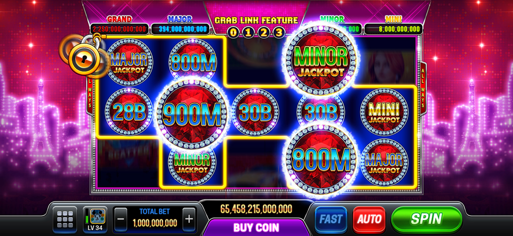 Gameplay screen of Vegas Holic Casino Slots featuring the Grab Link bonus and multiple jackpot rewards.