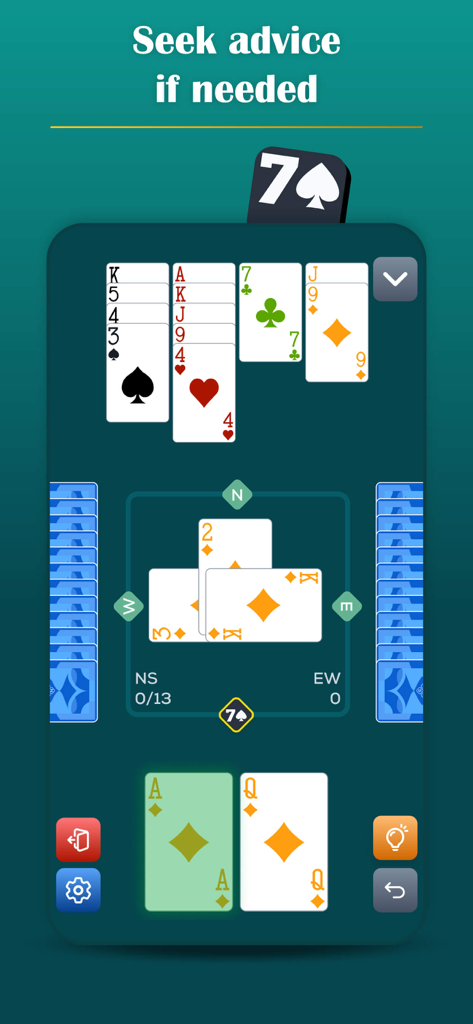 Play Bridge: Offline Card Game - Captura de pantalla del juego de cartas Play Bridge sin conexión que muestra la función de consejo y la jugada de cartas en una mesa verde.