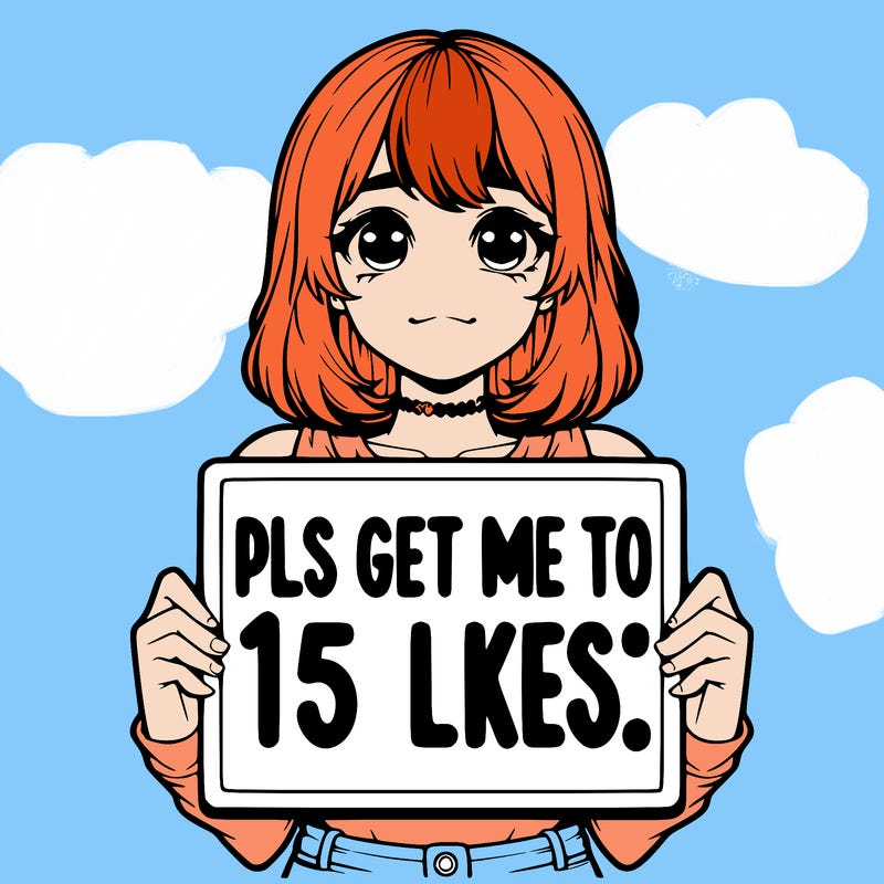 realistic girl holding up a sign that says “pls get me to 15 likes!”