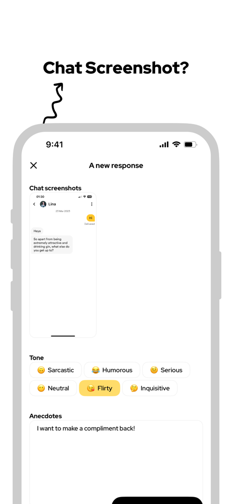 Sparrk, Rizz AI Dating Wingman - Interface for uploading chat screenshots and selecting message tones in the Sparrk dating app.