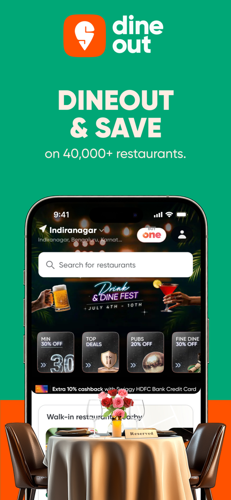Promotional banner for Swiggy Dineout showing restaurant discounts and booking options