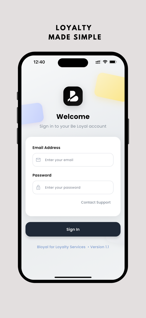 Anmeldebildschirm für die Beloyal-App zur Verwaltung digitaler Loyalty-Karten mit Anmeldefeldern für Händler.