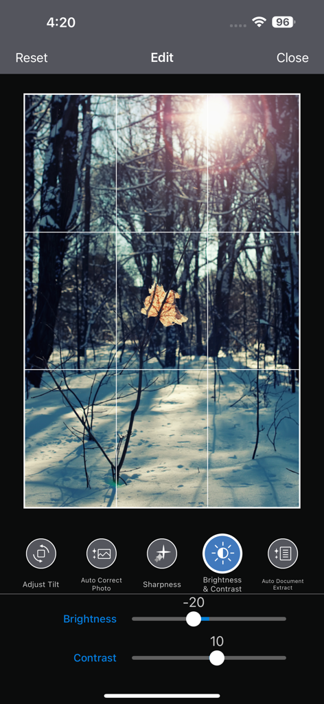 Epson Smart Panel photo editing interface with brightness and contrast adjustment sliders