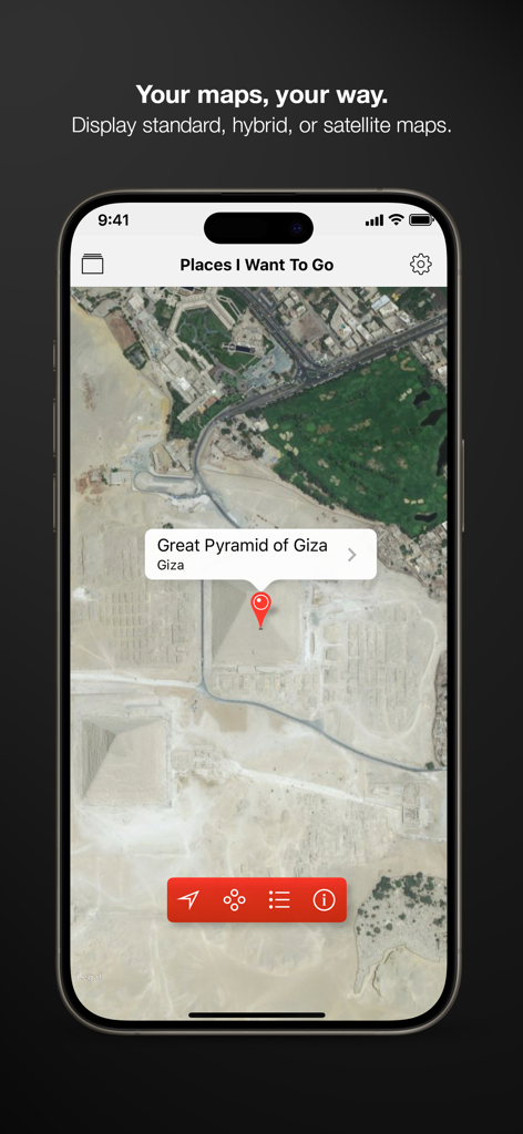 Pinbox - Map Your World - Pinbox app showing a satellite map view with a pinned location at the Great Pyramid of Giza