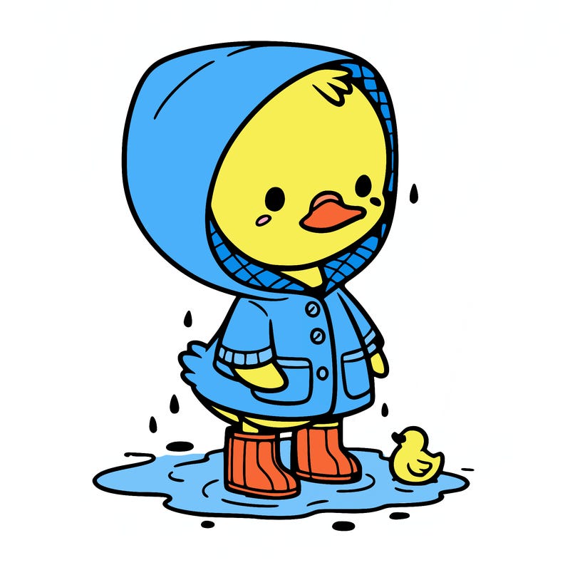 baby duck in a rain coat and boots, in a puddle while it’s raining