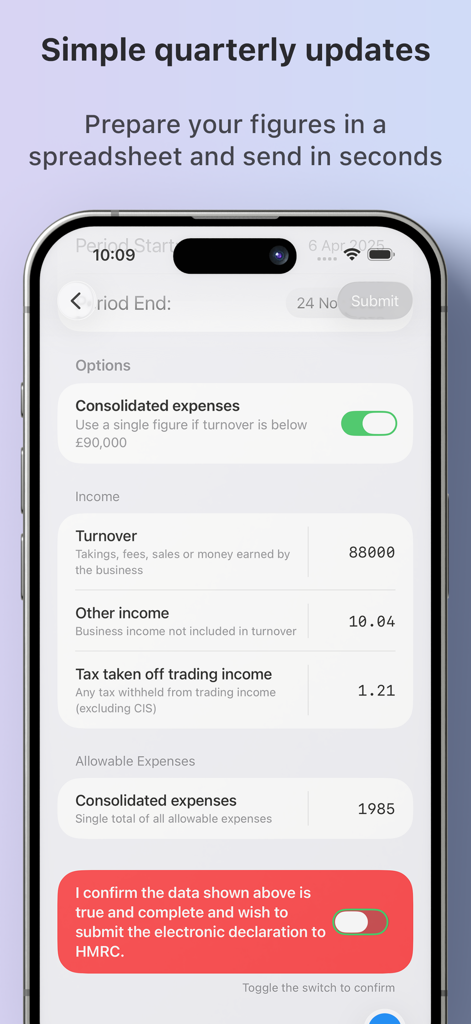 Captura de tela do aplicativo Making Tax Digital mostrando a tela de envio para atualizações do imposto de renda da HMRC
