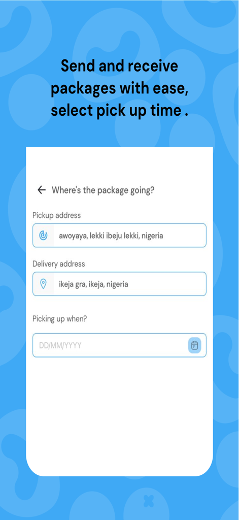 MyCoPilot - Ride sharing - MyCoPilot app screen showing fields for pickup and delivery addresses and a date selector for package delivery