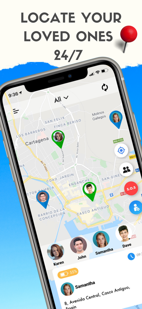 Real time family location tracking app interface showing loved ones on a city map with battery status