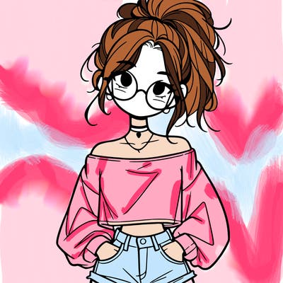 girl with a messy ponytail glasses a baggy crop top and jean shorts