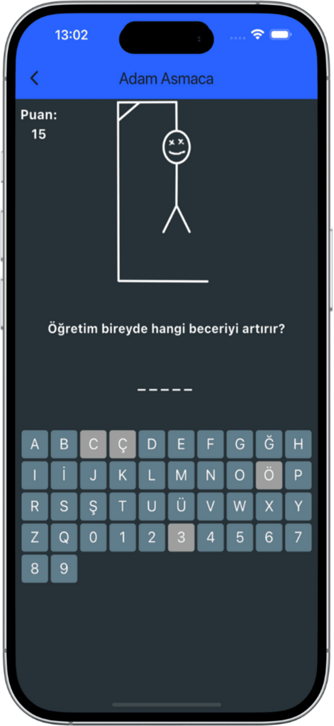AGS Oyun Akademi Giriş Sınavı - Pantalla del juego del ahorcado de la aplicación de preparación de exámenes AGS que muestra una pregunta en turco