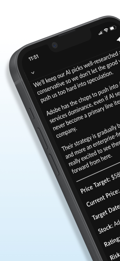 Moby: Invest Smarter - Smartphone screen showing a stock analysis report with price targets and investment strategies